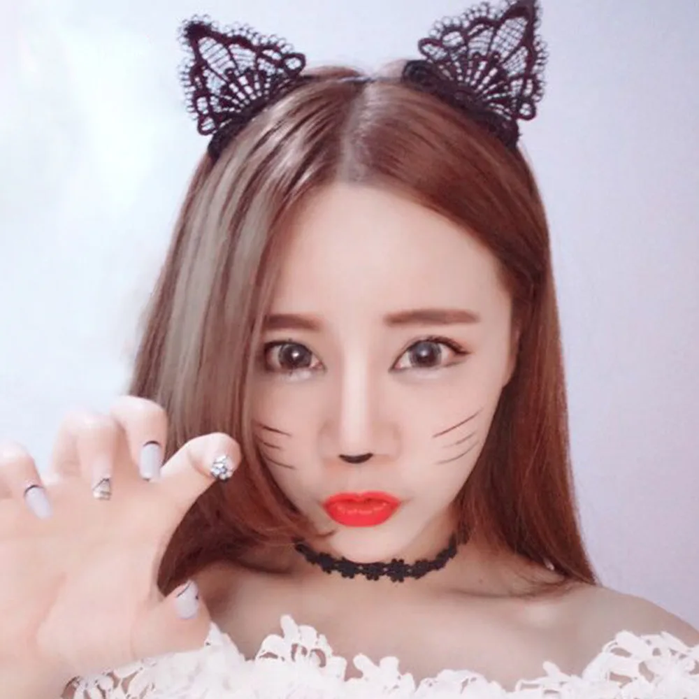 

2018 New fasion Women Lace Lovely Cat Ear Head Chain Jewelry Piece Hair Band Holiday Head lady Headband hoop cat ear girl #LYS