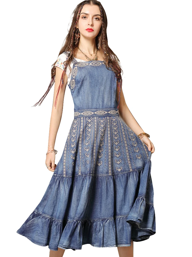

New Vest Denim Skirt Vintage Embroidered Ruffled Strap Dress Sleeveless O-neck Boho Dresses Woman Party Night Women Clothes 2019