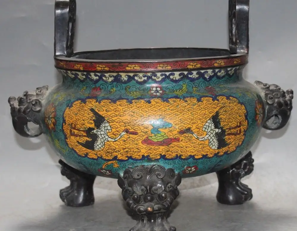 

15"Marked China Purple Bronze Cloisonne Enamel Crane Dragon lion Incense Burner