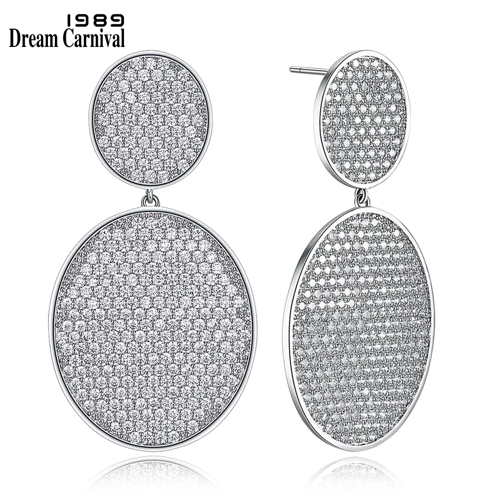 

DreamCarnival 1989 Oval Designs Geometric Paved Setting Cubic Zirconia Rhodium Gold color Wedding Party Drop Earrings SE13435