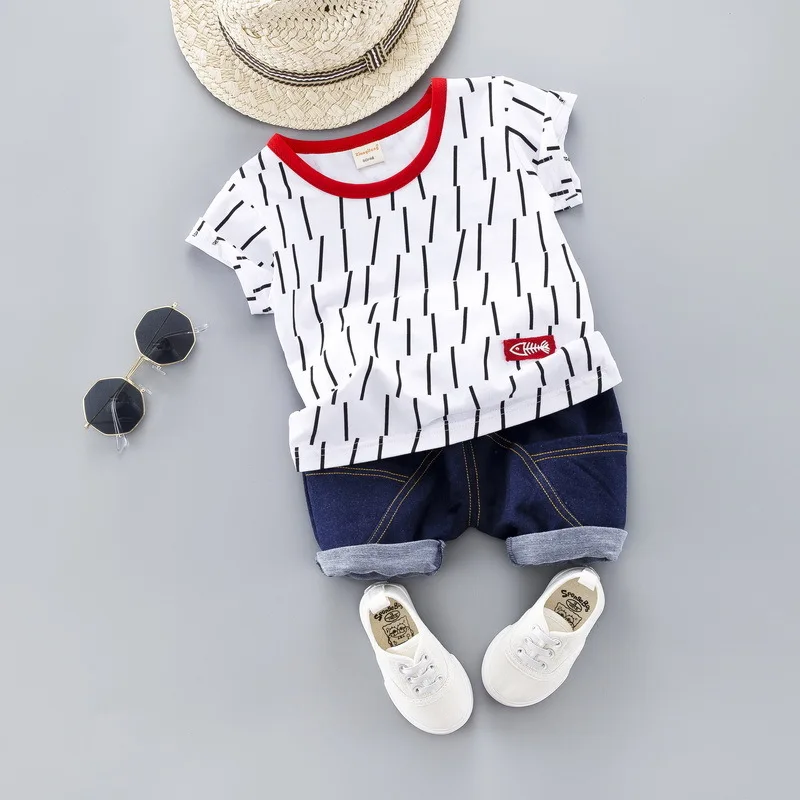 JIOROMY Children's Garment Short Sleeve Suit Stripe Cartoon Twinset Male Girl Children Suit - Цвет: 309159 white