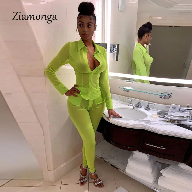 

Ziamonga Sexy 2 Piece Set Women Sheer Mesh See Through Tops Shirt + Long Pants Clubwear Office Lady Summer Clothes For Women