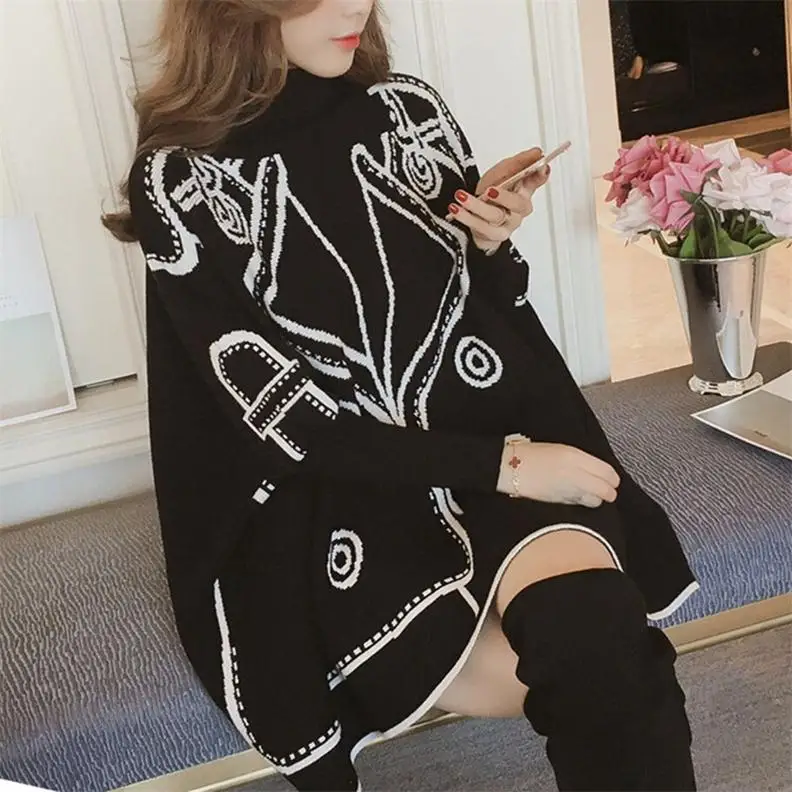 Afei Tony pregnant women winter long design turtleneck sweater maternity plus size batwing sleeve a-line knitted pullovers - Цвет: Черный