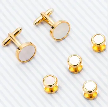 

10sets/lot Luxury Cufflinks Tuxedo Studs Set 6pcs Set Golden Round Natural Sea Shell Cuff Link Studs Set Men's Jewelry Gift