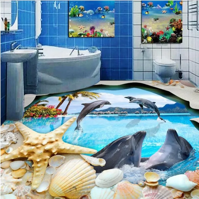 beibehang Custom large fresco  shell jump dolphin toilet bathroom bedroom 3d floor thickened waterproof wear pvc floor stickers bathroom toilet large displacement magnetic suction odor proof copper floor drain