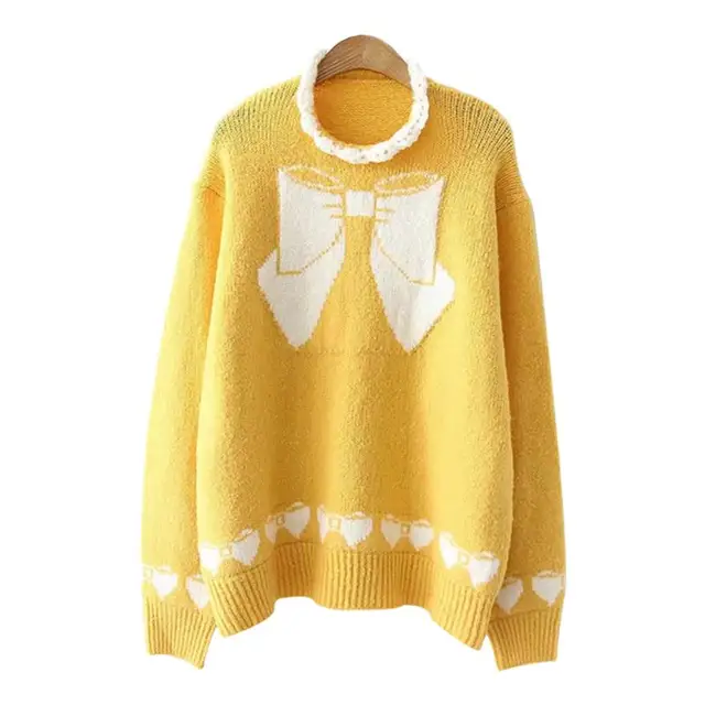 Cute Bow Sweaters Women Long Sleeve Loose Knit Pullover Sweaters For