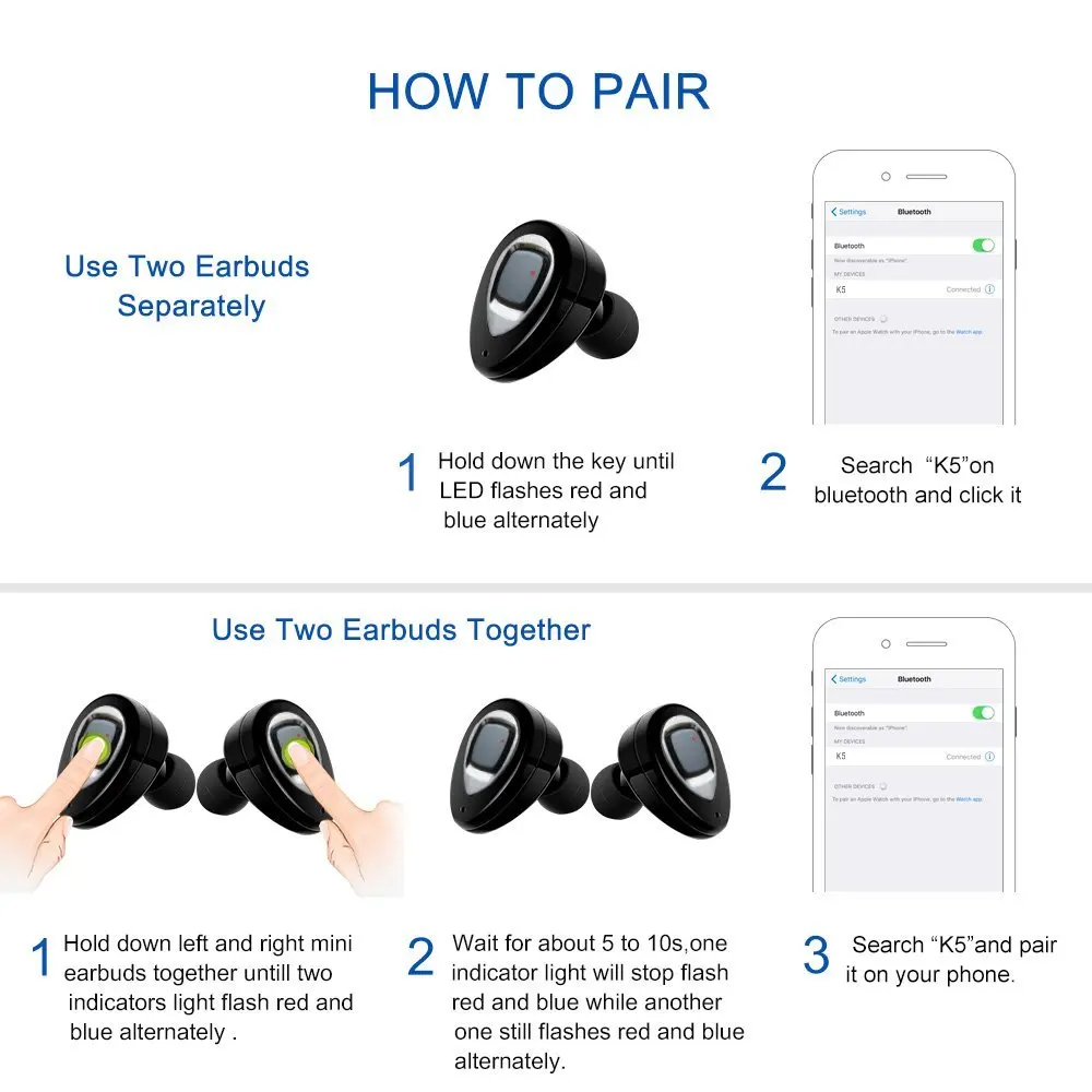 Clearance!!! K2S/K5/K5S TWS Bluetooth Earphone Dual In-ear Wireless Earbuds with Charging Box for Mobile Phones