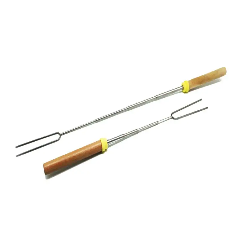 

BBQ Fork U Shape Retractable Wooden Handle Stainless Steel Skewer Barbecue Cooking Tool