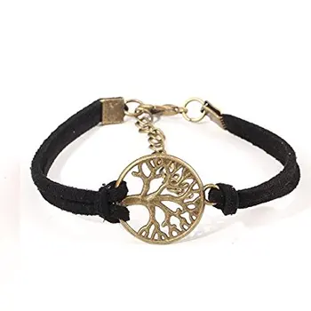 

Senfai New Fashion Vintage Hand-Woven Rope Chain Leather Bracelet Metal Tree Charm Bracelets Jewelry Three Colors For Choose