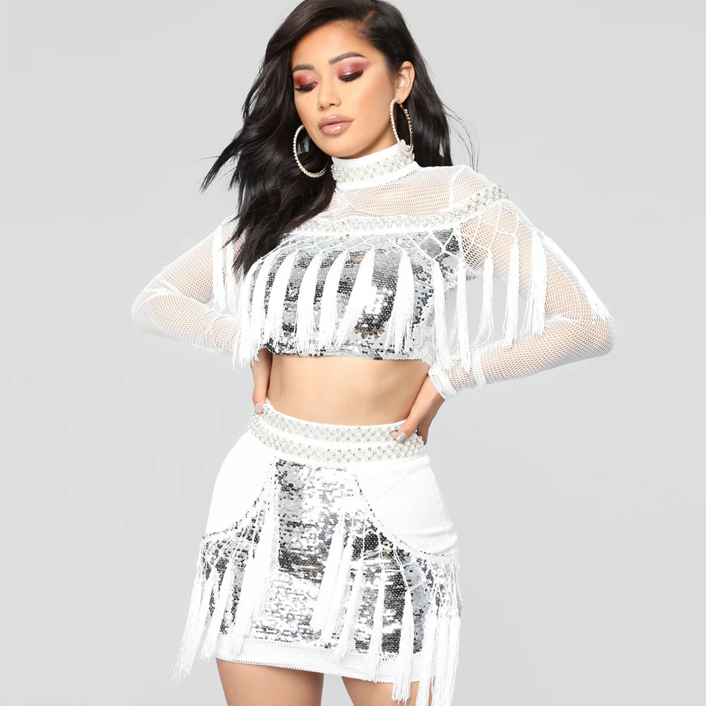 

Sequined White Crop Top and Skirt 2 Piece Set Dress 2019 Summer Sexy Night Club Zipper Mesh See Through Bandage Women Set Outfit