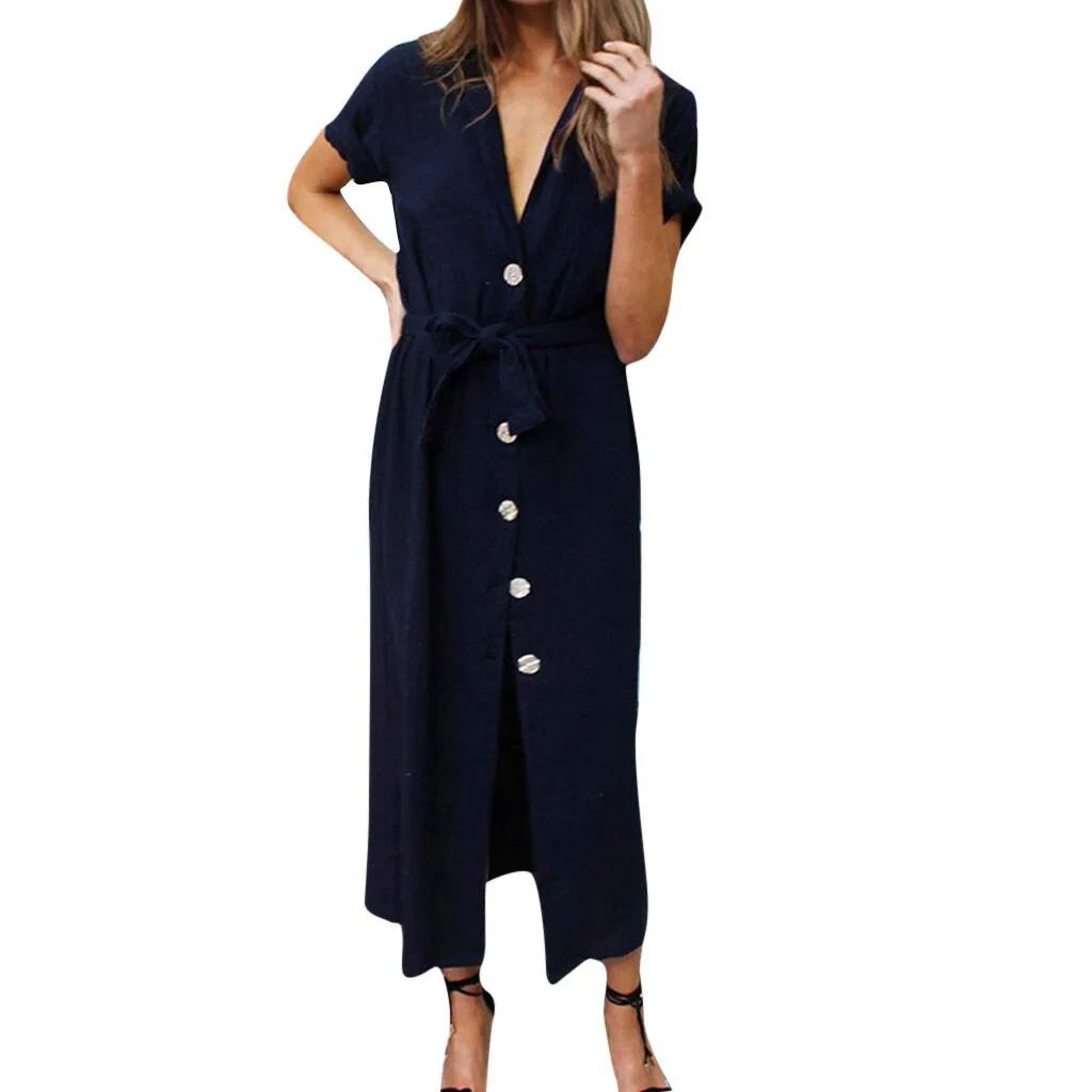 Women Summer Short Sleeved V-Neck Button Solid Cotton Linen Midi Long Dress