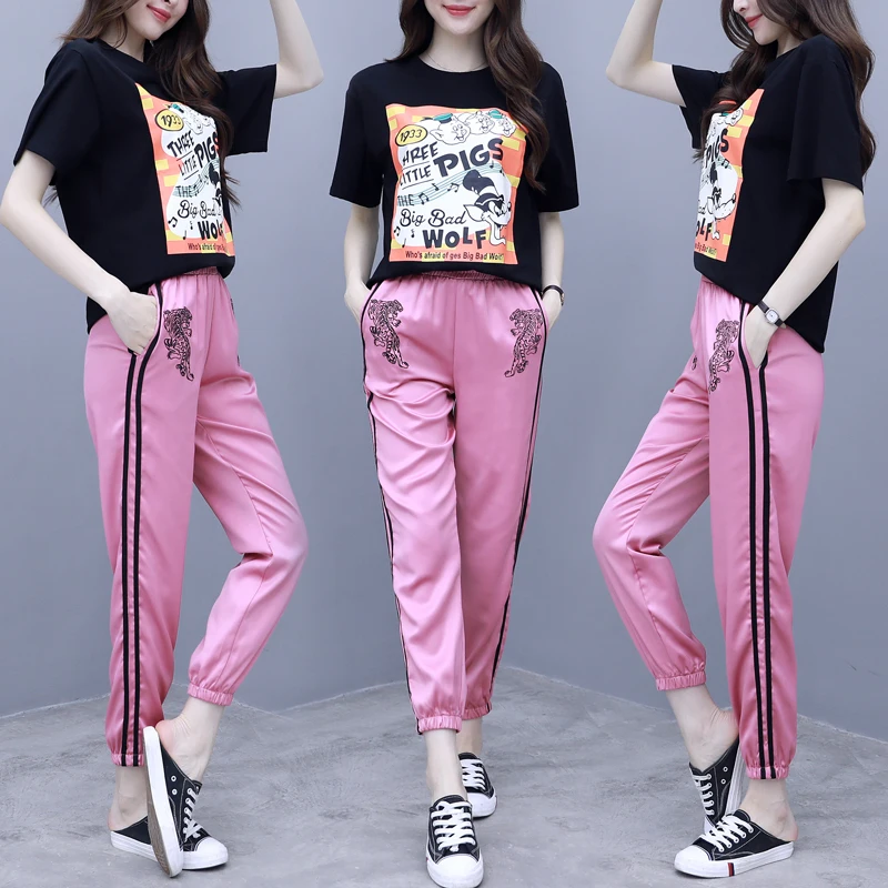 

tracksuit for women female summer fashion Letter print t-shirt+pink pants women's leisure crop tops with pants two-piece sets