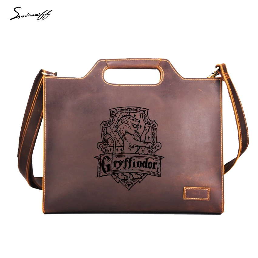 

Genuine Leather Men's Handbags Crossbody Briefcase Custom Name Laptop Bags Male Harry Potter Gryffindor Messenger Bags
