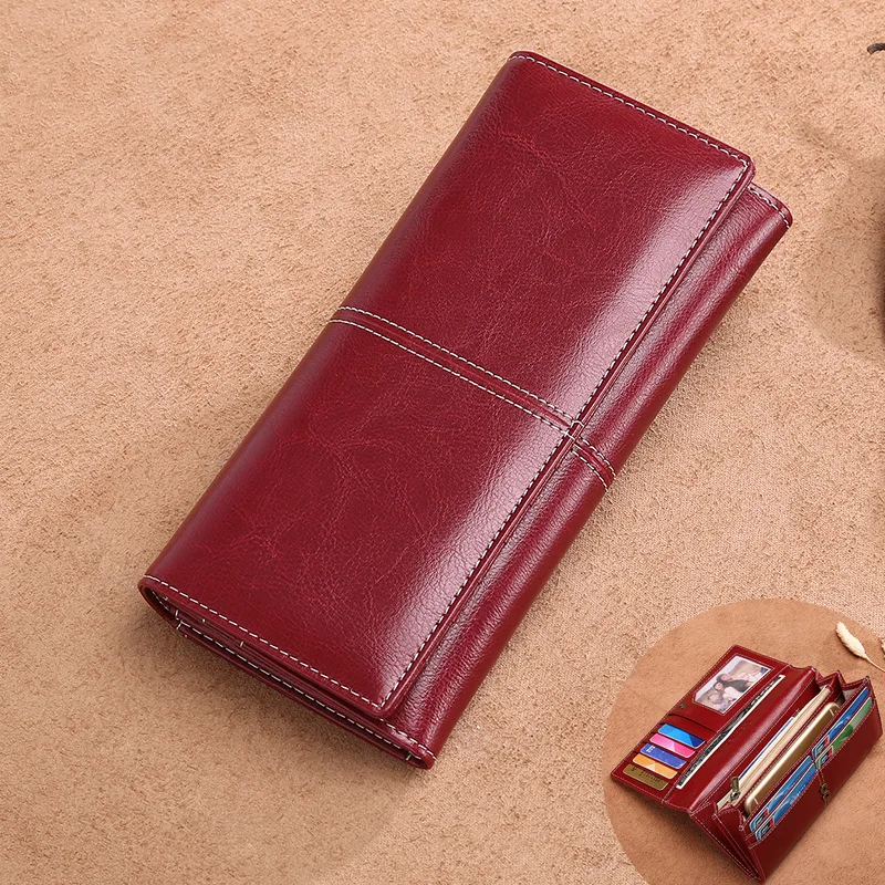 

New ladies long leather wallet European and American vintage oil wax leather multi-card wallet Large capacity lock clutch