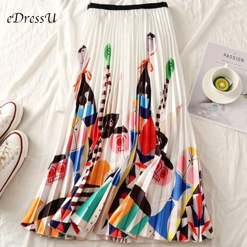 2019 High Waist Midi Skirt Women Print Novelty Fashion Pleated Skirt Elastic Summer Autumn Skirt Casual Daily Wear LS-9831