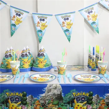 

96Pcs/lot Lovely pokemon go theme birthday decorations pikachu party supplies plates+cups+tablecloth+gift bag for 10 kids