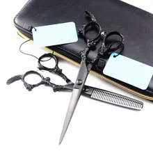 Profesional Japón 440c 5,5 6 pulgadas dragón negro pelo tijeras cortar peluquería makas corte de pelo adelgazamiento tijeras peluquería tijeras