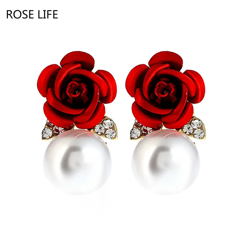 ROSE LIFE 2018 Gorgeous multicolored crystal rose flower earrings Women's party exquisite pearl earrings