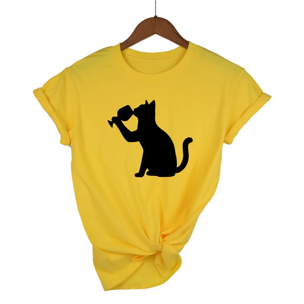 Высокое качество хлопок летняя модная женская футболка напиток кошка футболка с коротким рукавом o-образным вырезом Повседневная Большие размеры