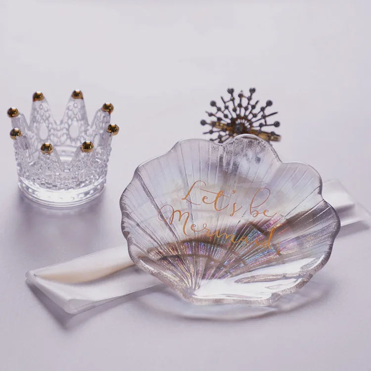 Ins Symphony Shell стекло блюдо десерт закуски тарелка лоток для хранения ювелирных изделий ручка реквизит вишня маленькое блюдо Корона домашний декор украшения