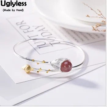 

Uglyless 100% Real 925 Sterling Silver Tulip Bangles for Women Adjustable Open Bangle Strawberry Quartz Floral Bracelets Bijoux