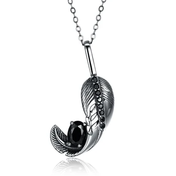 

Retro 925 Sterling Silver Black Cubic Zircon Necklace Ancient Silver Curling Feather Pendant Necklace for Women Men Jewelry Gift