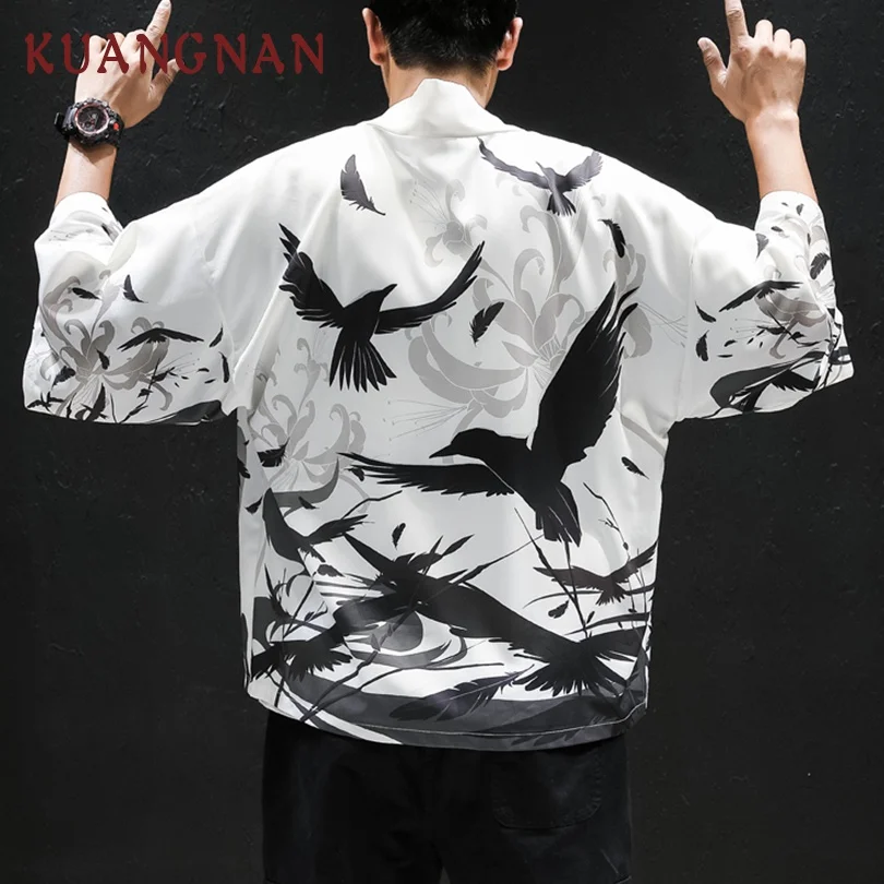 

KUANGNAN Chinese Style Kimono Men Japanese Kimono Cardigan Harajuku Kimono Shirt Men Streetwear Hawaiian Shirt Men 5XL 2019