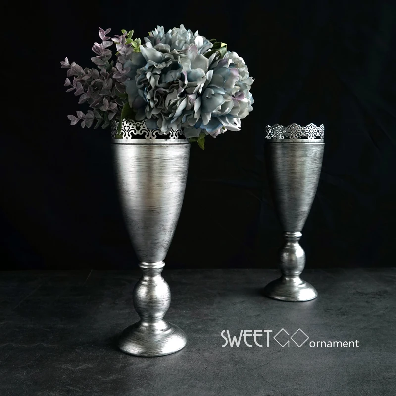 Image SWEETGO European Vintage silver vases home decor 33*11cm party supplier Dried flower vase suit Flower arranging metal vessel