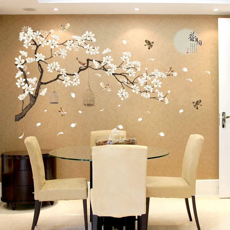 Большой размеры 187*128 см белые цветы наклейки на стену DIY дерево с обои птица для гостиная спальня украшения домашний Цветочный декор
