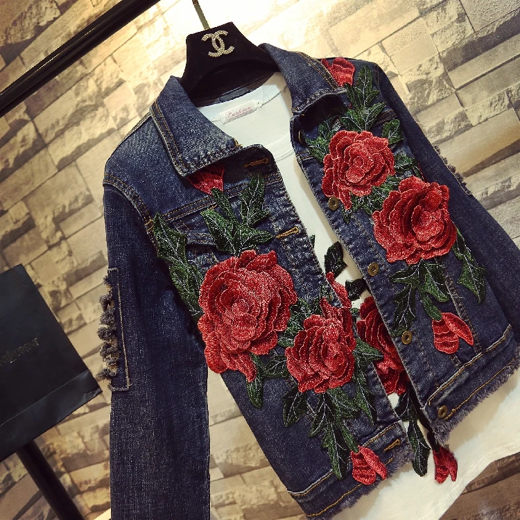 Finest  2018 Spring Autumn New Women's Embroidery Red Rose Short Denim Jacket Coat Hole Long Sleeve Skinny 