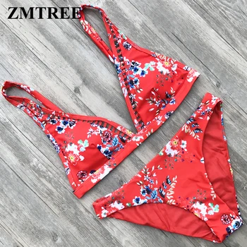 

ZMTREE Retro Printed Bikini Set Floral Swimsuit Women Bathing Suit Hollow Out Swimwear Red Bikini Plus Size Biquini XL 2018