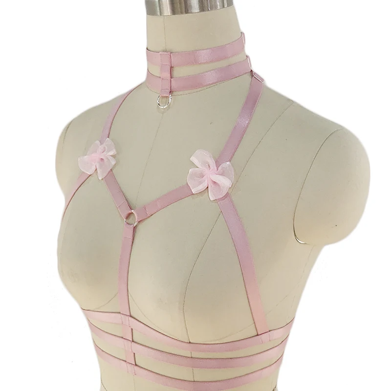 Дизайн розовый воротник бантик Жгут Бюстгальтер Kawaii Открытая грудь Связывание клетка для тела пастельный Готический пояс для тела