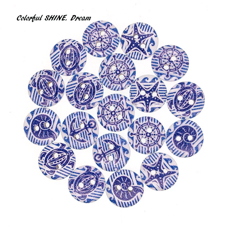 

50PCs Wholesale Natural Wooden Buttons Round Nautical Design Scrapbooking Sewing Accessories DIY Craft 2 Holes 15mm Dia.