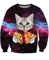 Женщины Мужчины 3d Тянуть Taco Cat Crewneck Толстовка Сексуальная Потливость cute кошка с голубыми глазами есть тако пиццу в galaxy пространство