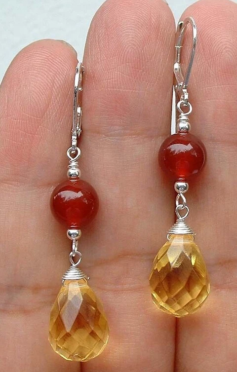

hot sell new - wb003 New Faceted Citrine Quartz W. Red Carnelian Sterling Silver Earrings 5.3