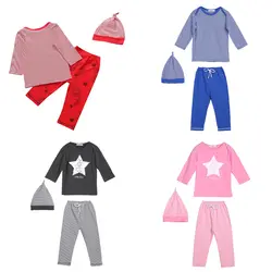 Комплект из 3 предметов для маленьких мальчиков и девочек, футболка со звездами и длинными рукавами Топы и штаны комплект одежды с шапочкой