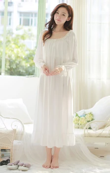 

Free Shipping Princess Nightdress Long White and Pink Pijamas Women's Nightgown Thin Material Sleepwear Ladies negligee