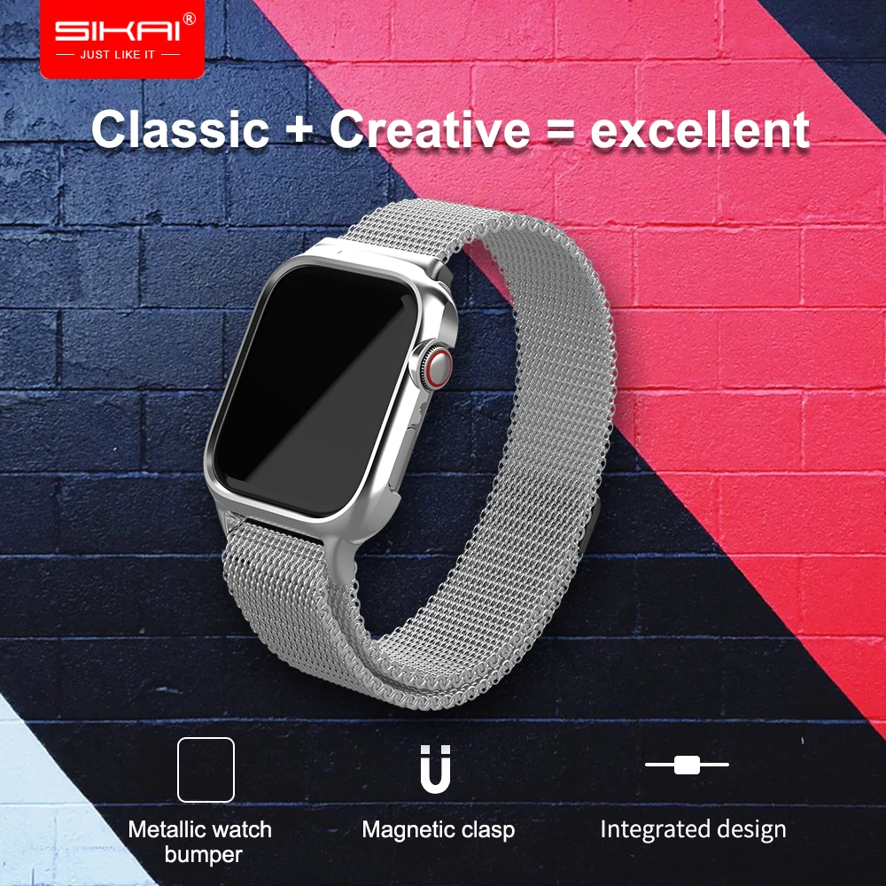 

One-piece Watchcase Strap Milanese Magnetic Watch Strap For Apple Watch 4 Quick Install Watch Band and PC case