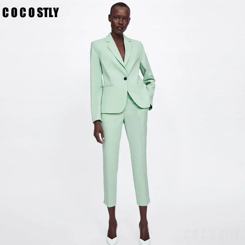 

Office Lady Light Green Suit Women Two Piece Set Notched Collar Single Button Blazer Jackets Women Suit Pants Women Suits Set