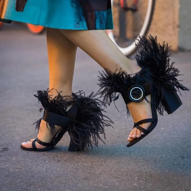 

Woman T Stage Show Sandals Shoes Lady Fringe Square High Heels Sandals Feather decoration Cross Band Roman Peep Toe Sexy Shoes