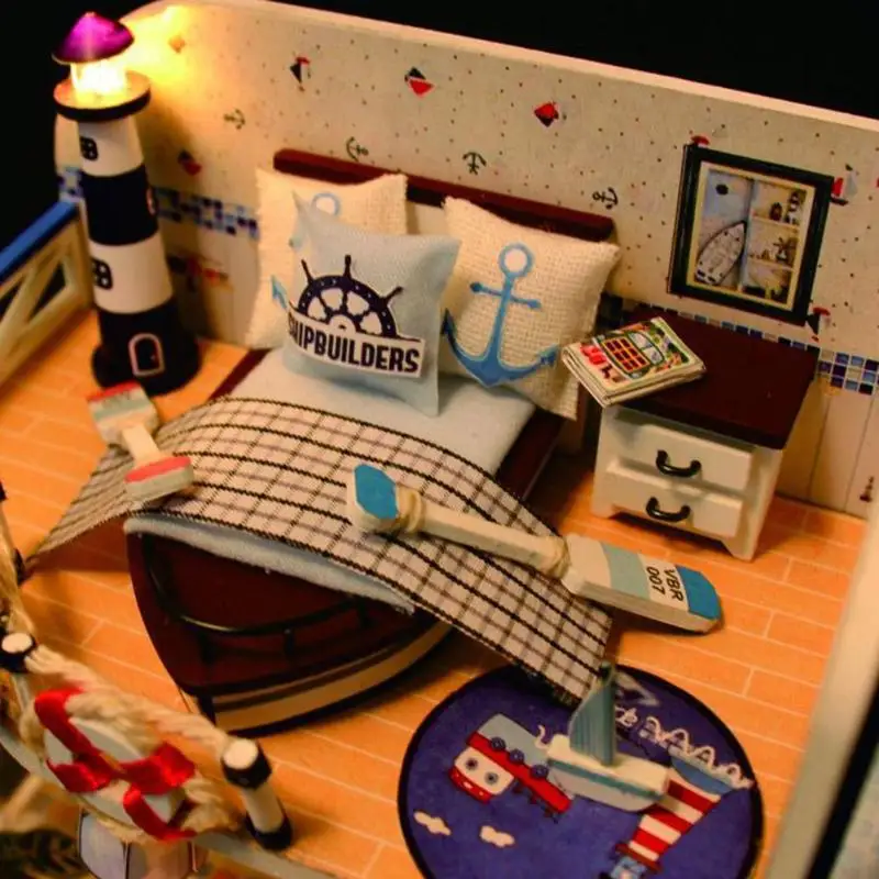 Синий побережье вилла на пляже Модель Кукольный домик миниатюрная мебель DIY Kit с светодио дный огни Деревянные игрушки куклы дом подарок на