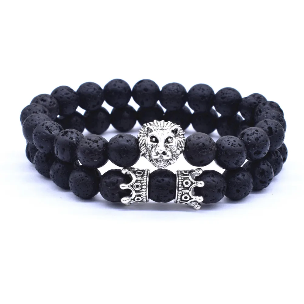 2 Pcs / Set Vintage Lion Head and Crown Charm Bracelet 8mm Natural Lava Stone Beads Bracelet Men 2019 Fashion Jewelry