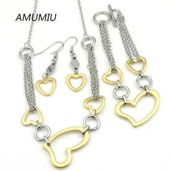 

AMUMIU Fashion jewelry sets for women 2021 Heart Rhinestone Stainless Steel Necklace Earring Bracelet punk HZTZ028