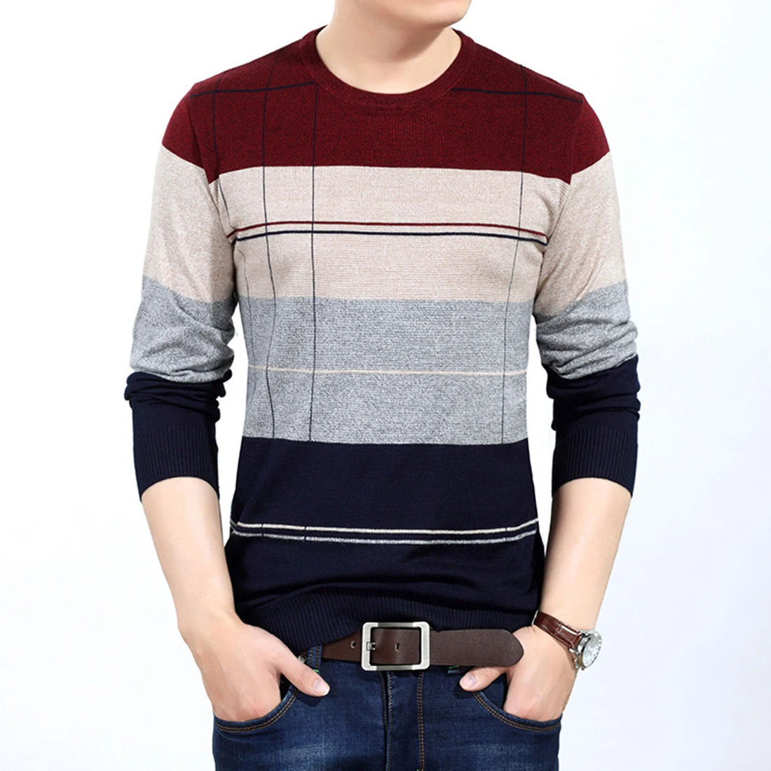 Helisopus Winter Men Knitted Sweater Slim Knitting Sweaters Patchwork