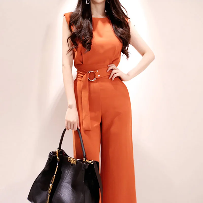 

CINESSD orange jumpsuit costume women Fleabag Jumpsuit Ployester Sleeveless skinny broadcloth full length Playsuit rompers