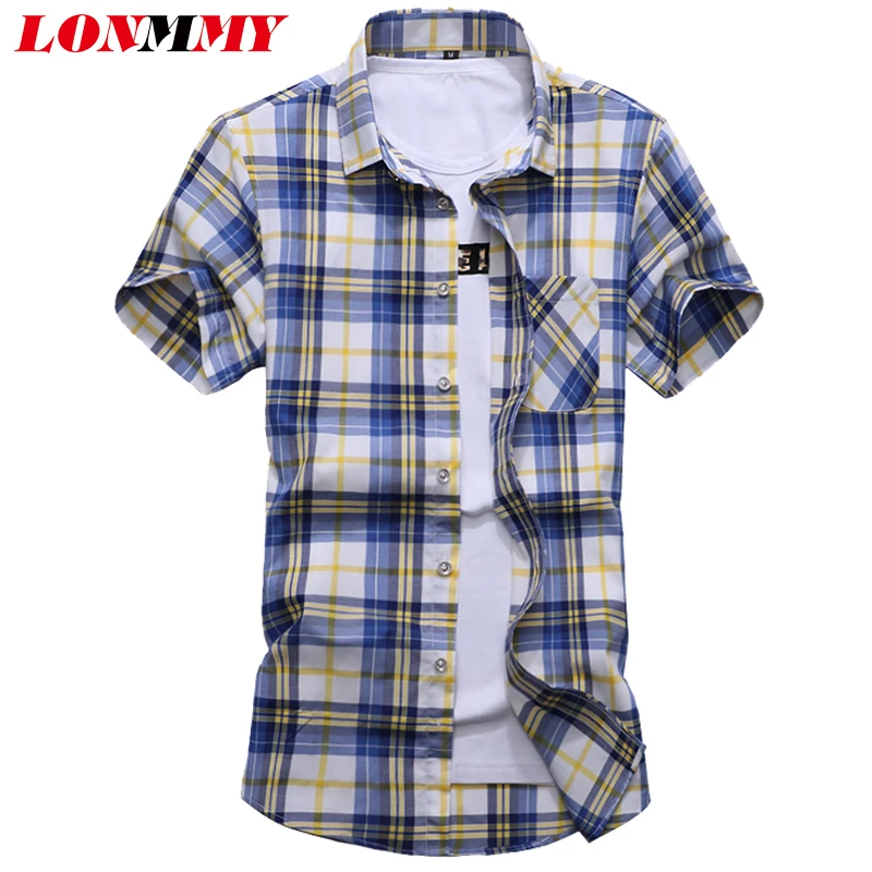 LONMMY M-7XL клетчатая рубашка мужская с коротким рукавом Slim fit Повседневная camisa social masculina мужская рубашка Мода 2018 Лето мужские рубашки