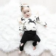 Осенняя одежда для новорожденных девочек футболка с длинными рукавами с оборками и лошадью Топы+ штаны+ повязка на голову, одежда для малышей комплект одежды для малышей