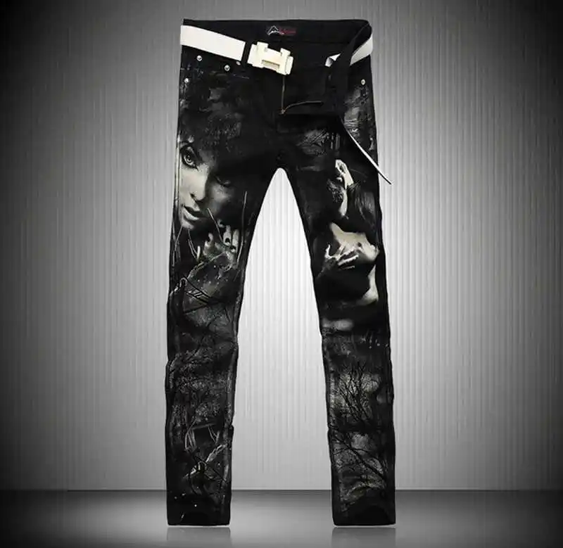 Male Colored Drawing Straight Jeans Men's Denim Movie Characters