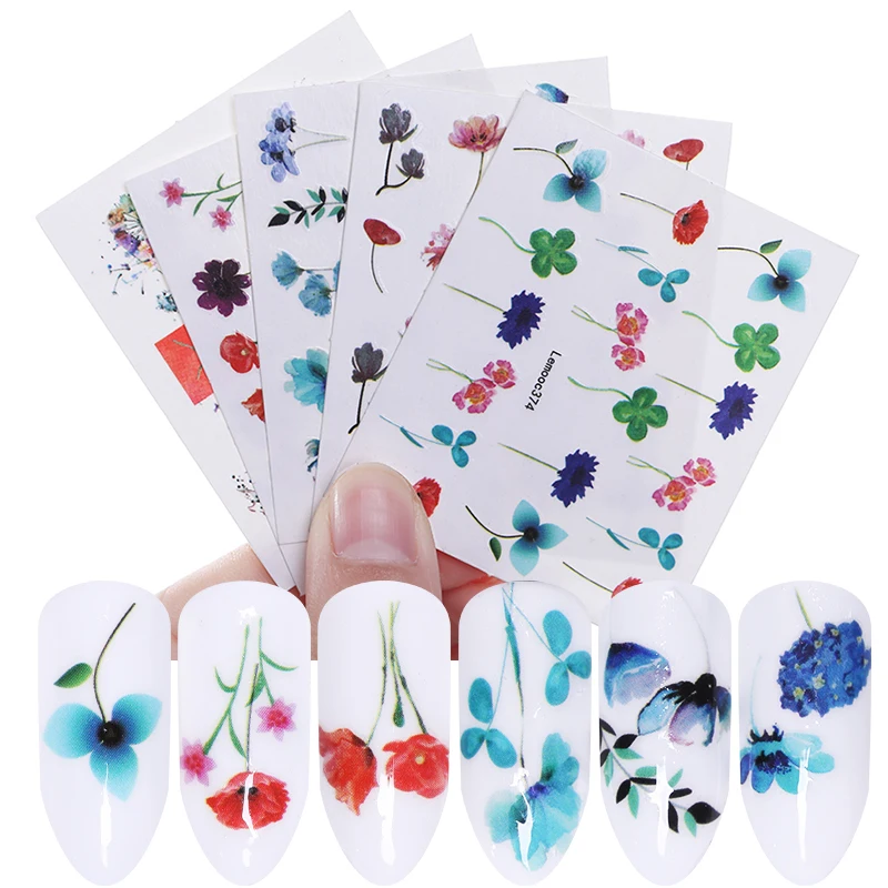 

LEMOOC 5 Sheets Nail Art Water Decals Transfer Stickers Colorful Flowers Butterfly Designs Patterns DIY Nail Decorations