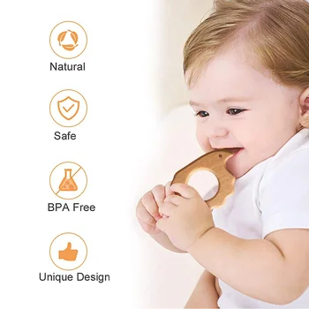 

2PC Wooden Teether Baby Teething Toy Animal Shape Wood Ring Non-Toxic Natural Wood Teether